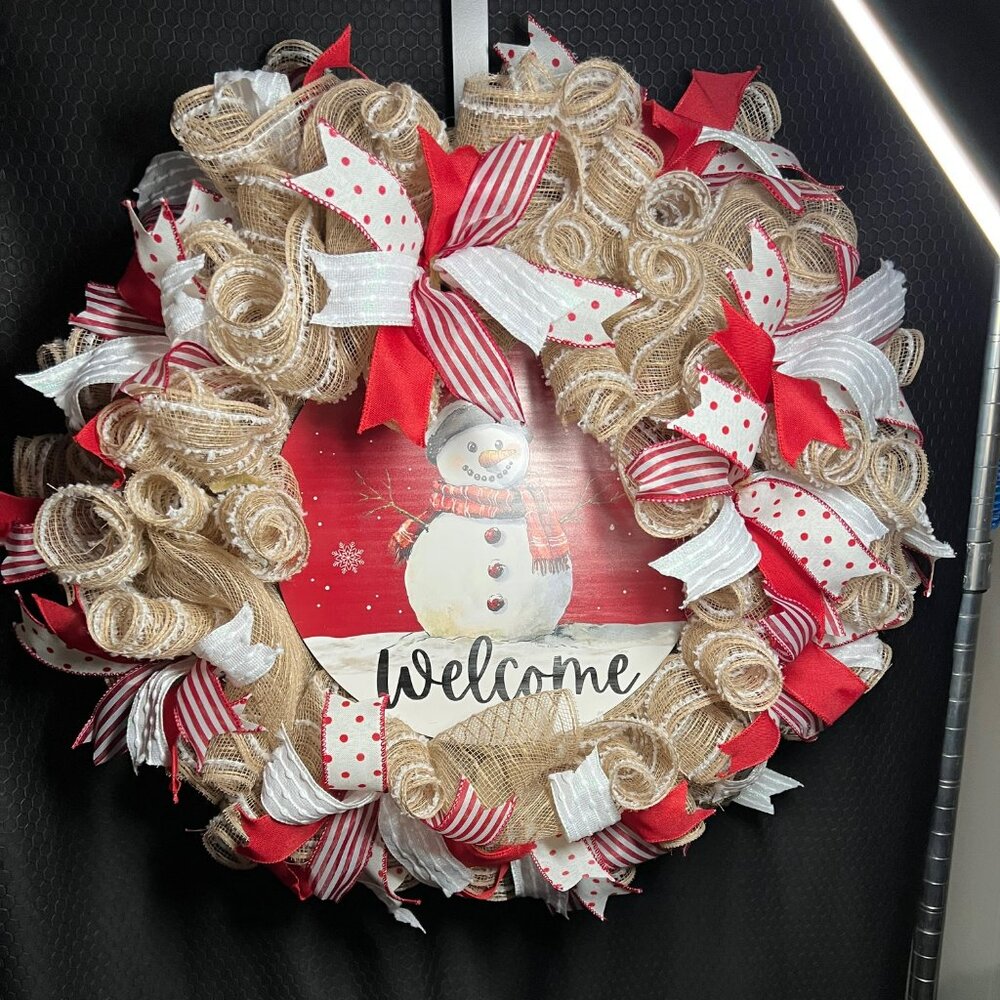 Welcome Snowman Deco Mesh Wreath Red and Beige
